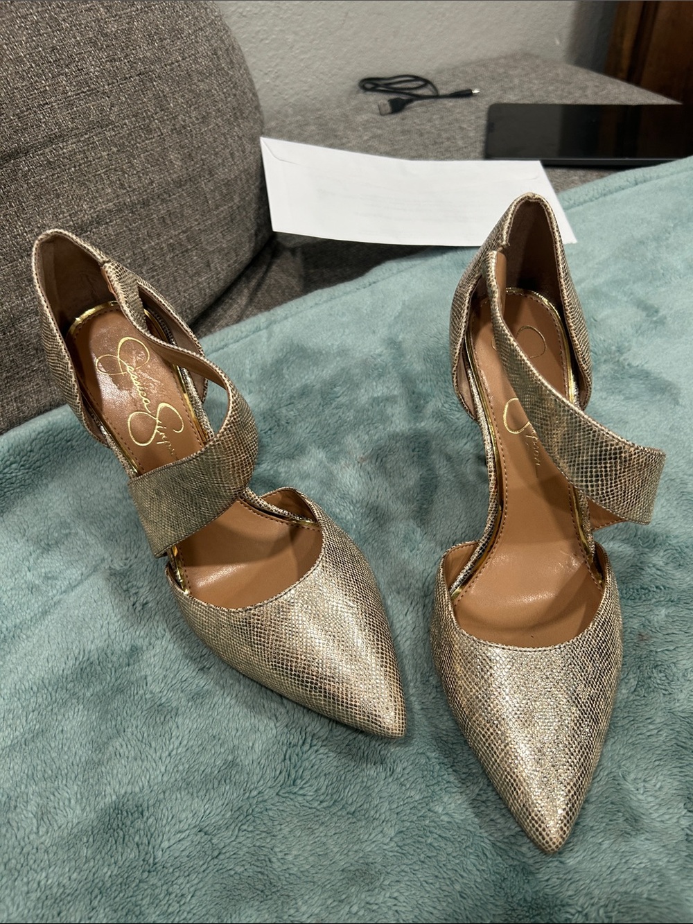Jessica Simpson Metallic Gold Pointed-Toe Ankle-Strap Heels